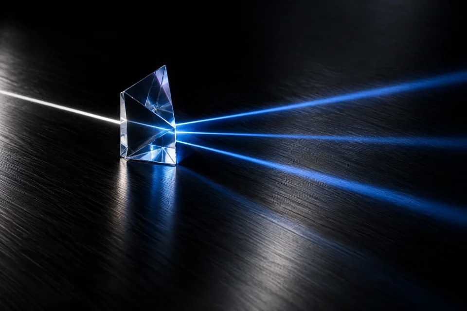 A glass prism on a dark surface splitting a white beam into blue rays