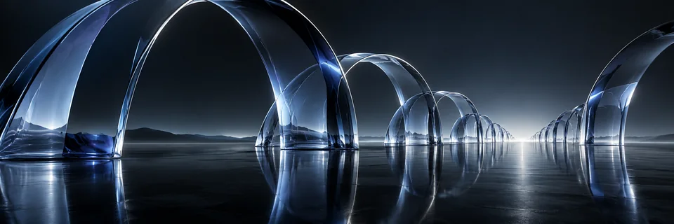 A row of translucent glass arches over still water at dusk