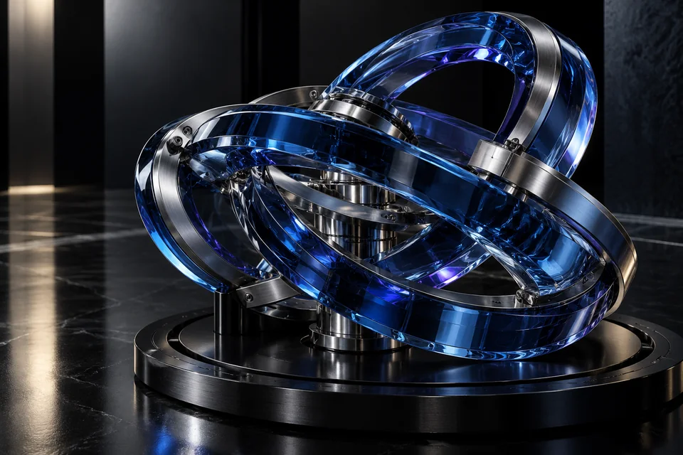 A sculpture of interlocking blue glass rings on a round steel base